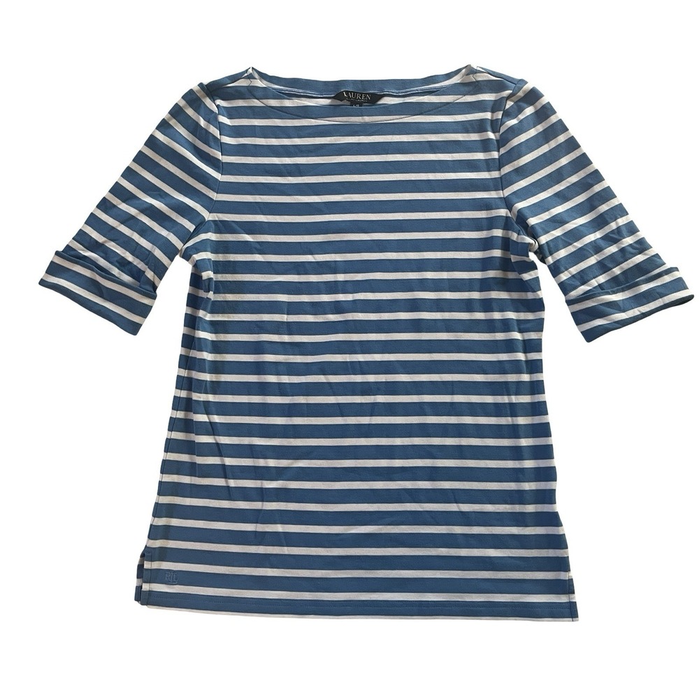 Lauren Ralph Lauren Size L Black Label Blue White Stripe 1/2 Sleeve Shirt Cotton